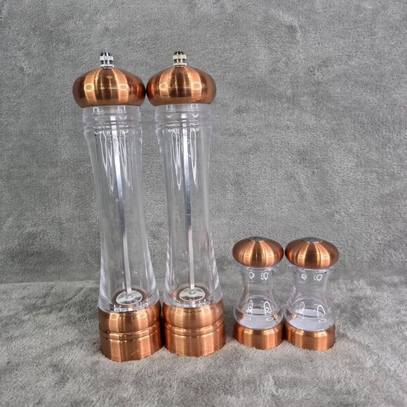 Copper & Clear Acrylic Salt & Pepper Grinder Adjustable Coarseness 4 Pc Set - Picture 2 of 8
